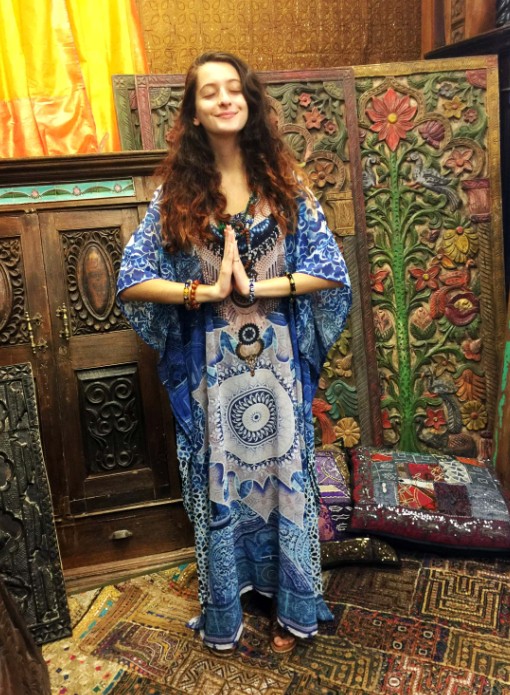 F4750 Maxi Tribal Print Scoop Neck Casual Blue Dress Cover Up